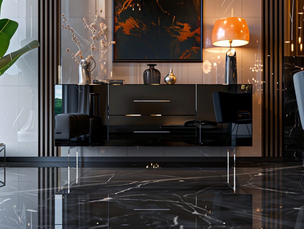 Komoda w czarnym połysku z podświetleniem LED w stylu glamour