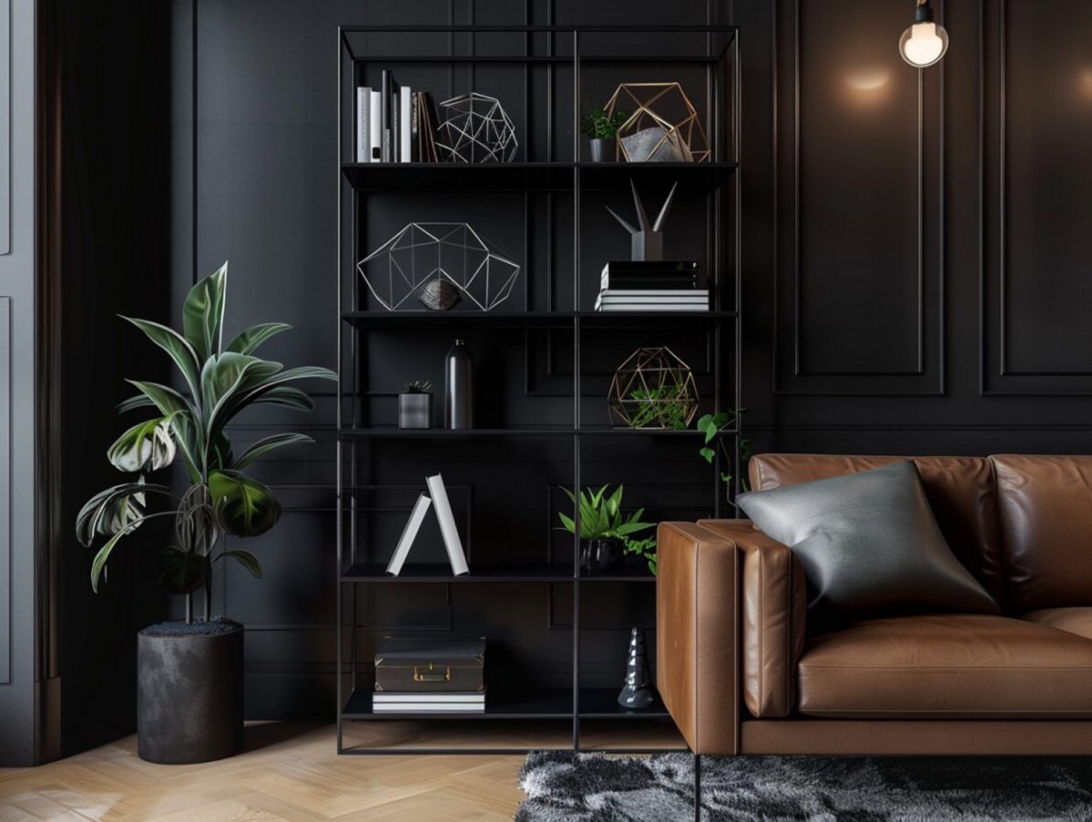 Nowoczesny czarny regał na książki oraz dekoracje