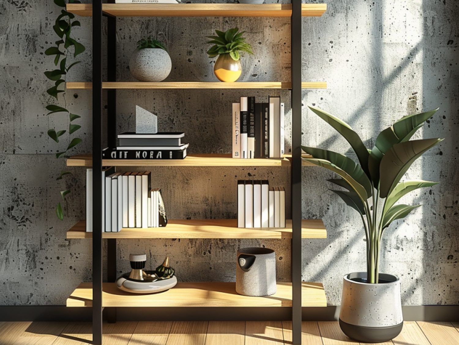 Regał z półkami i roślinami w nowoczesnym stylu loftowym