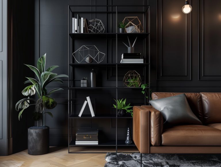 Nowoczesny czarny regał na książki oraz dekoracje