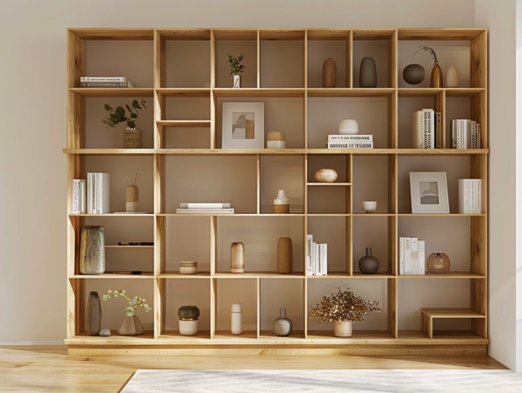 Duży regał z jasnego drewna z otwartymi półkami w stylu skandynawskim