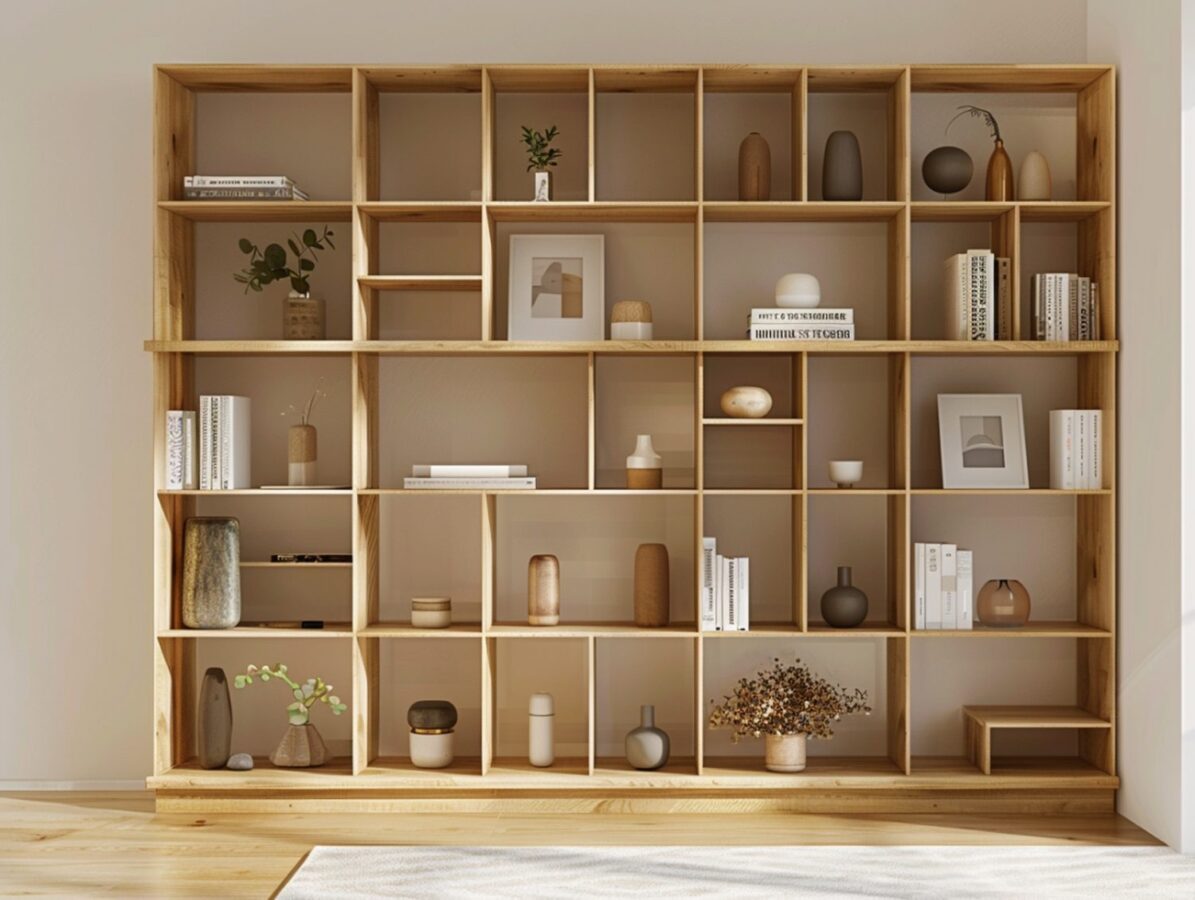 Duży regał z jasnego drewna z otwartymi półkami w stylu skandynawskim