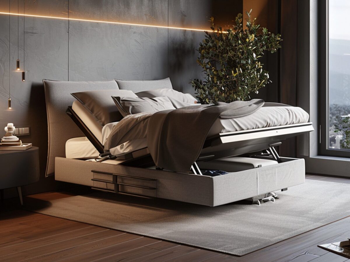 Tapicerowane łóżko z pojemnikiem i oświetleniem w luksusowej sypialni