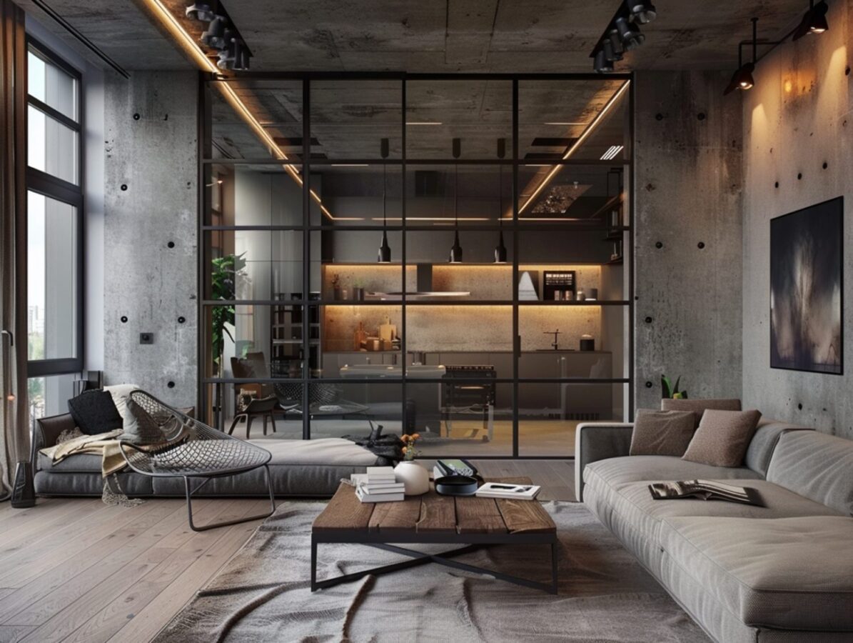 Loftowy salon z betonową ścianą i nowoczesnym stolikiem kawowym