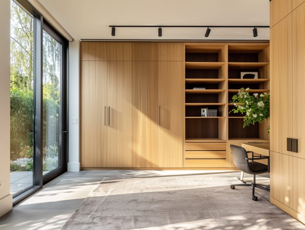 Drewniana zabudowa biura z szafkami i podświetleniem LED