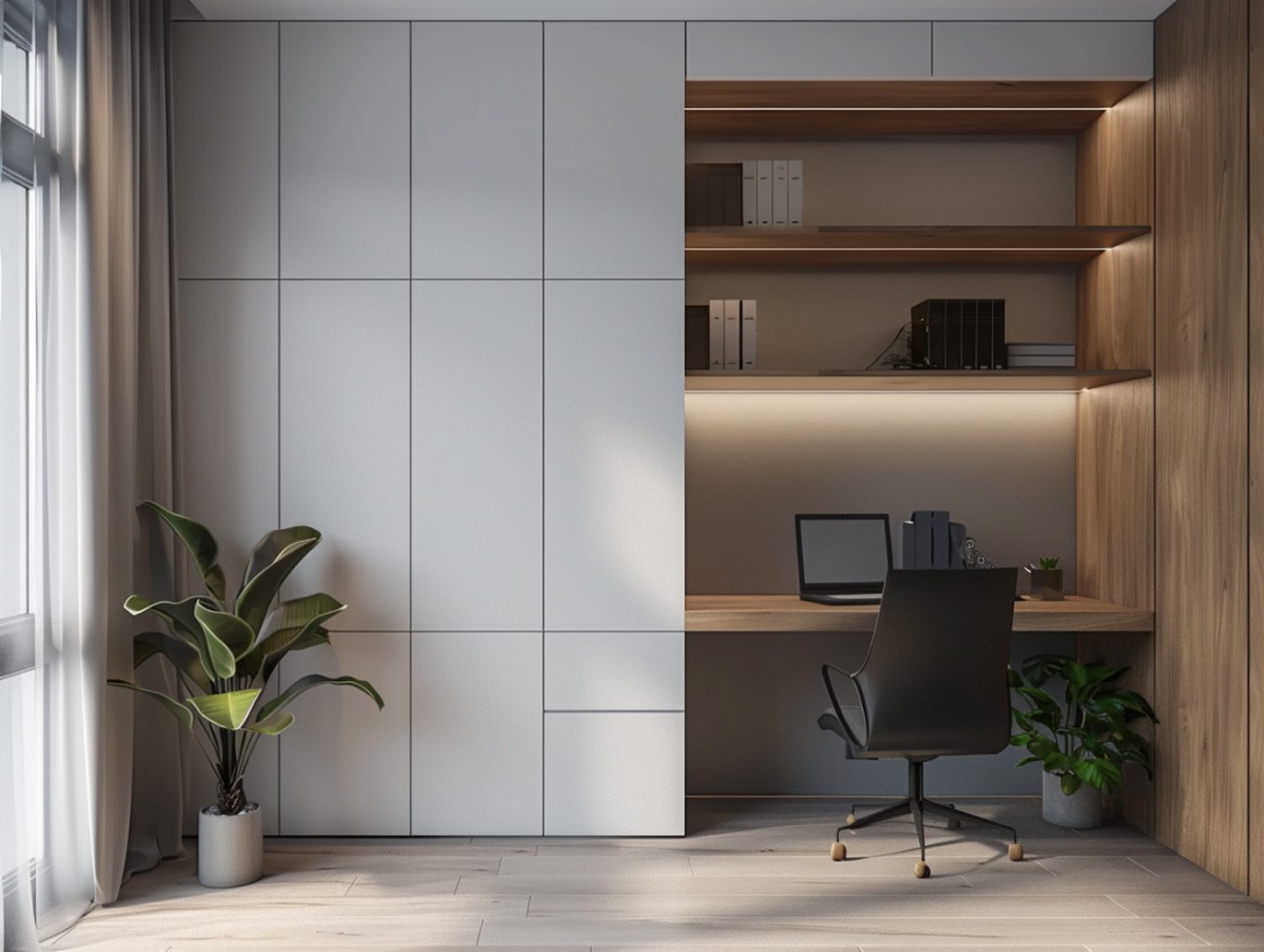 Nowoczesna zabudowa ścienna z miejscem do pracy i półkami