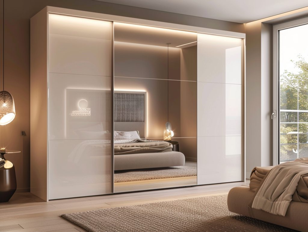 Lustrzana szafa przesuwna z oświetleniem LED w nowoczesnej sypialni