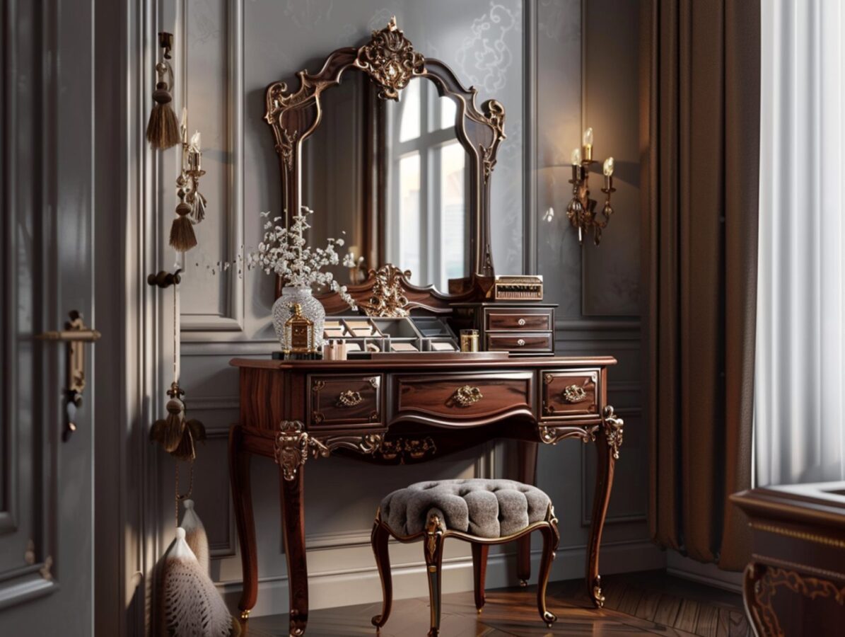 Toaletka z lustrem i rzeźbieniami w stylu glamour z giętymi nogami