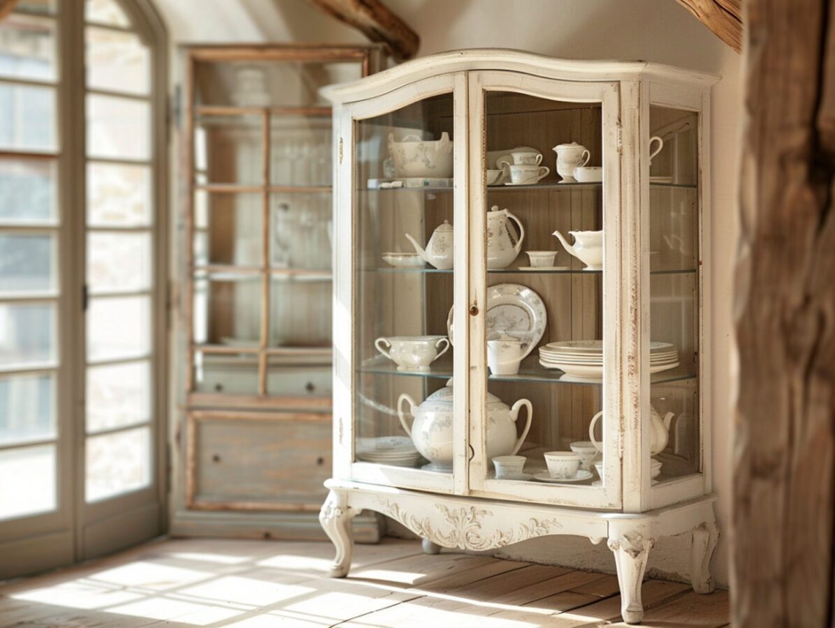 Przeszklona witryna w stylu prowansalskim z białym wykończeniem