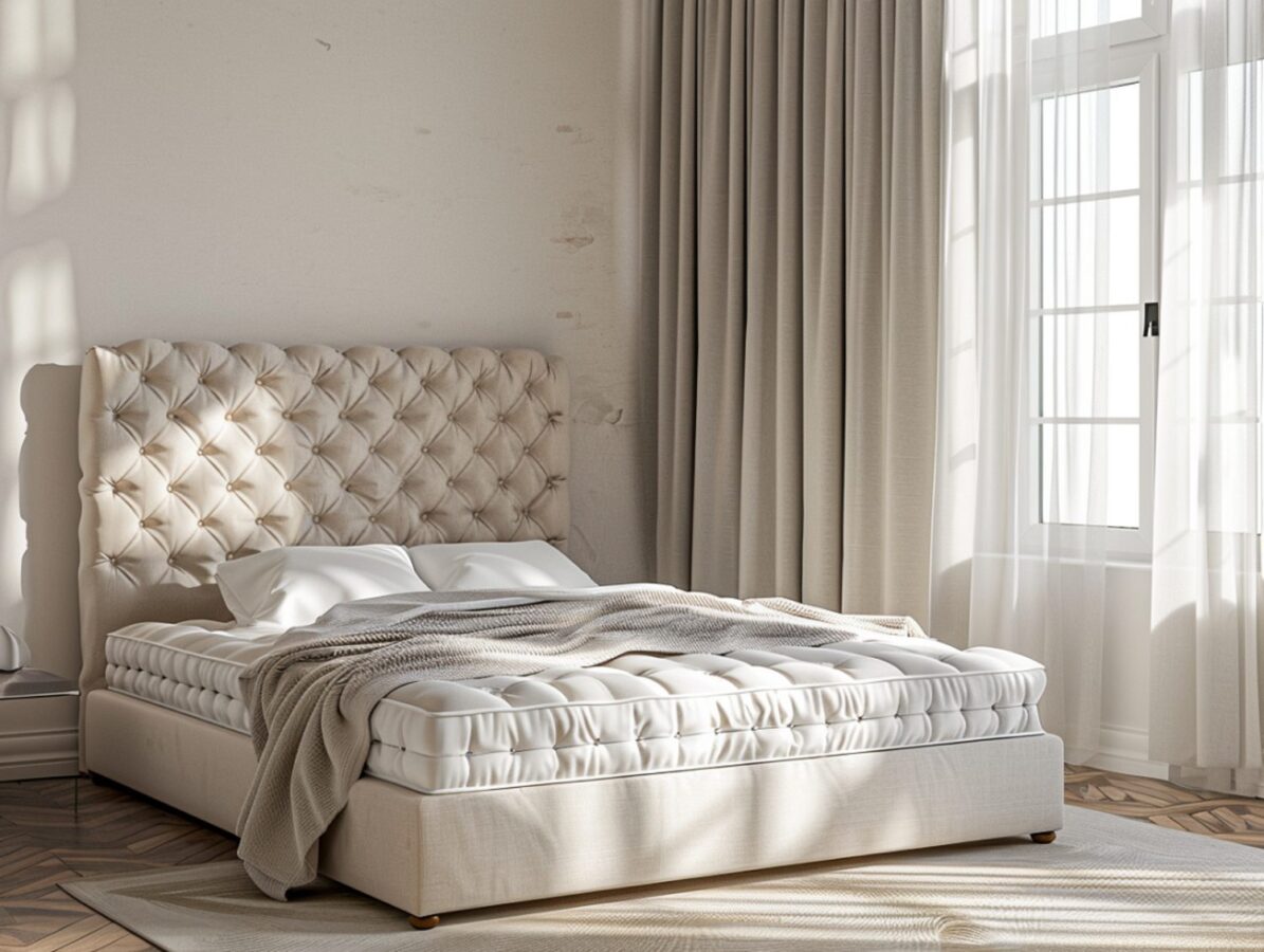 Łóżko tapicerowane z pikowanym wezgłowiem w stylu glamour do sypialni