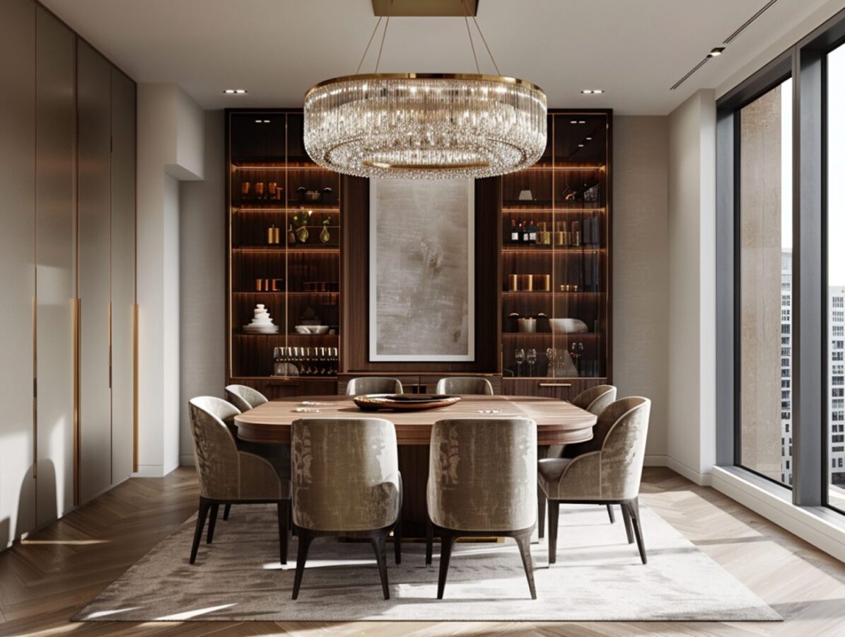 Luksusowy stół jadalniany z tapicerowanymi krzesłami i żyrandolem