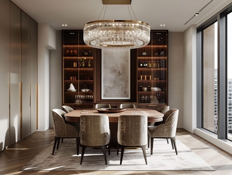 Luksusowy stół jadalniany z tapicerowanymi krzesłami i żyrandolem