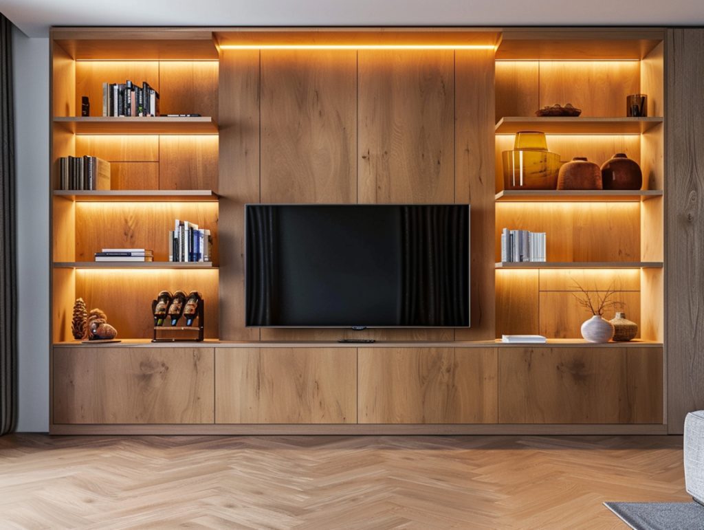 Zabudowa RTV z drewna z podświetleniem w nowoczesnym salonie
