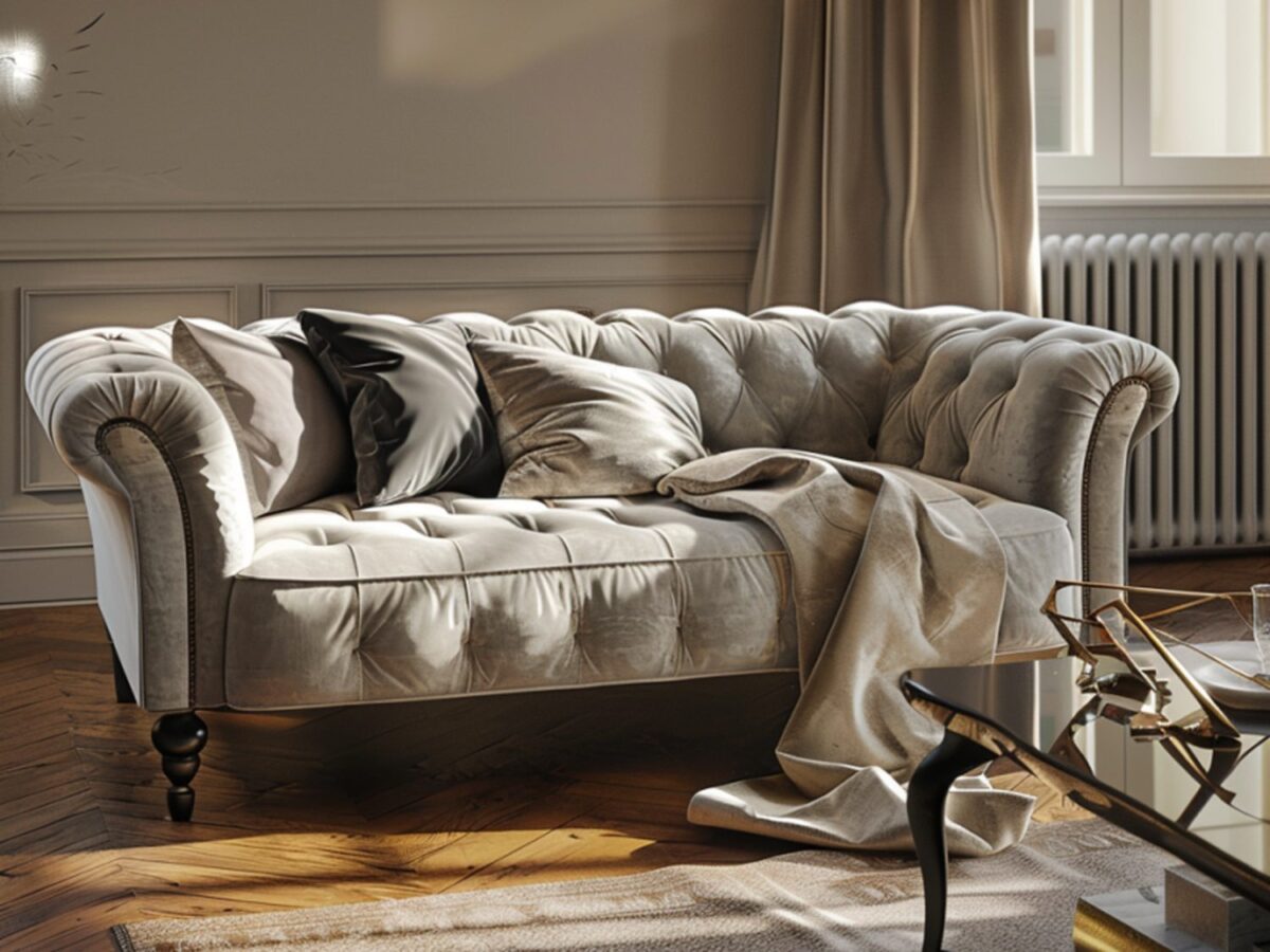 Sofa z pikowaniem i kocem w salonie glamour z dekoracyjną narzutą