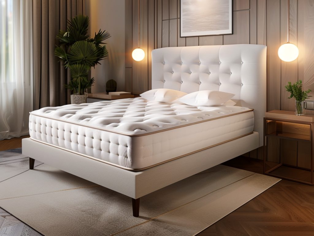 Kontynentalne łóżko z pikowanym zagłówkiem w jasnej sypialni