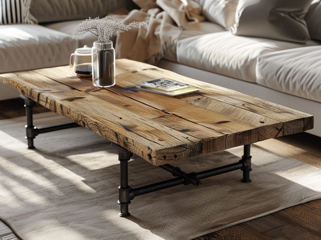 Industrialny stolik kawowy z litego drewna i metalowymi nogami
