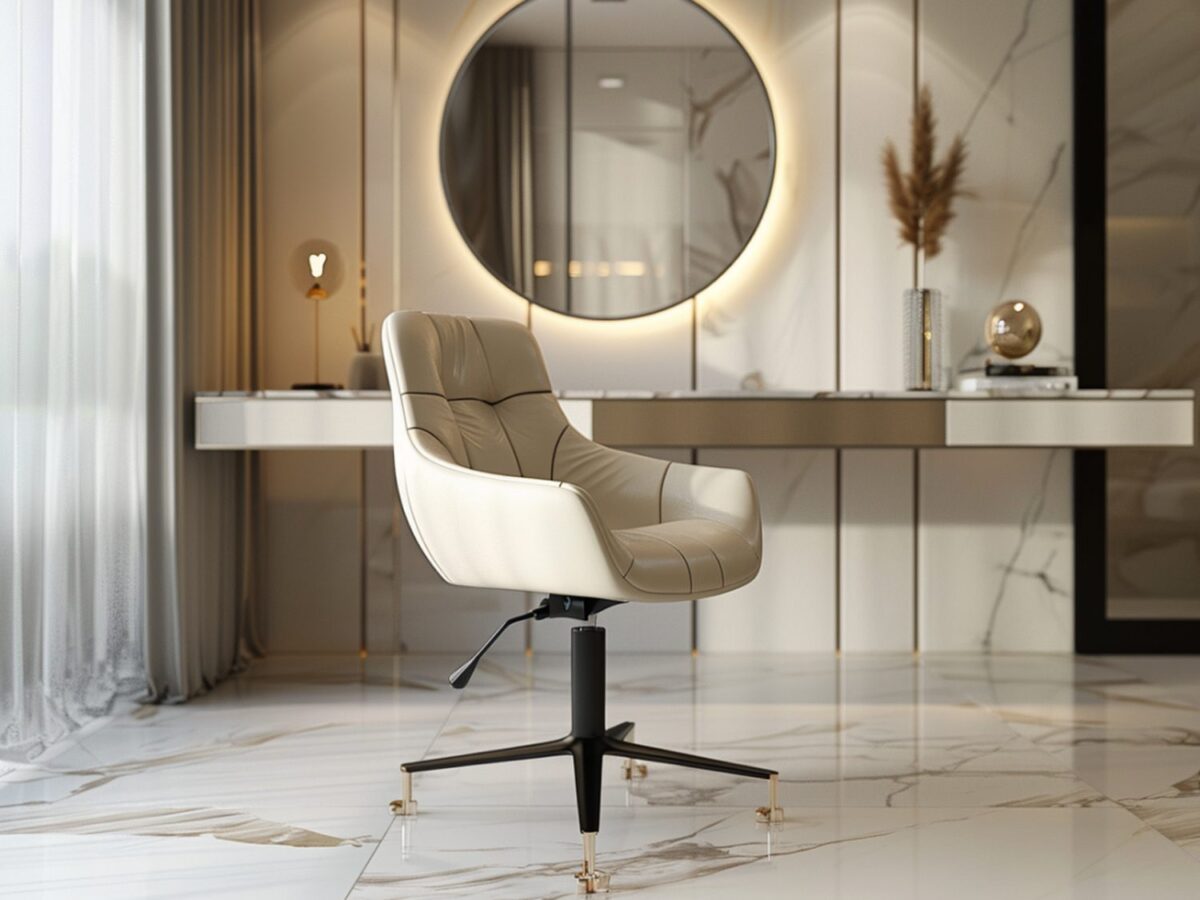 Biała toaletka i obrotowe krzesło w nowoczesnej sypialni