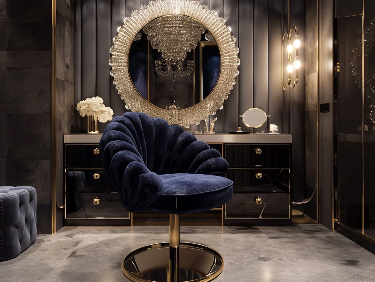 Granatowy fotel welurowy przy toaletce z lustrem w stylu glamour
