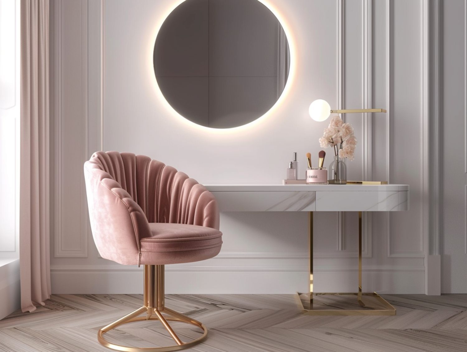 Toaletka z lustrem LED i różowym welurowym fotelem glamour
