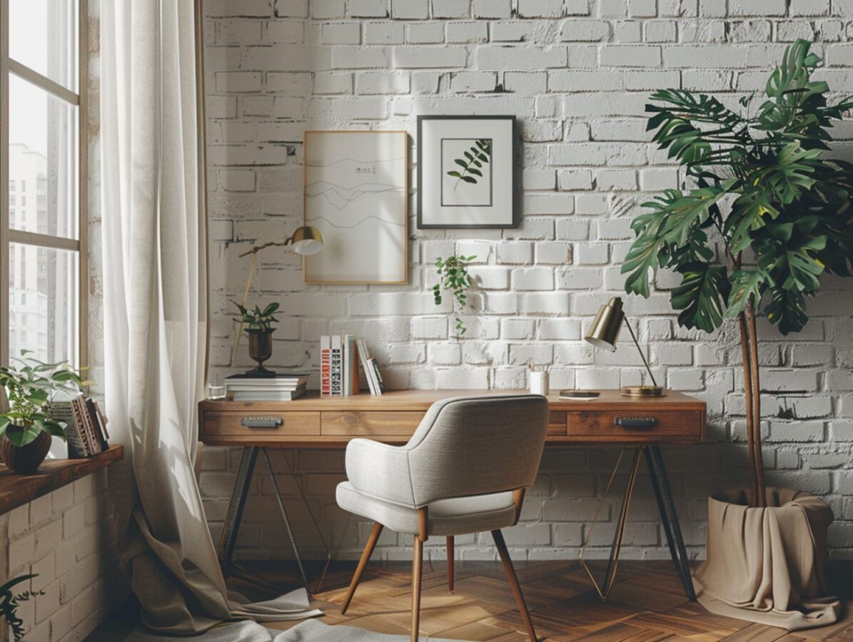 Drewniane biurko z krzesłem i dekoracją ścienną w skandynawskim gabinecie