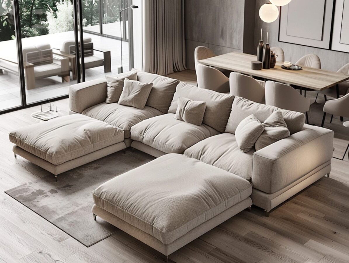 Duży narożnik z poduszkami i niskim stolikiem w jasnym salonie