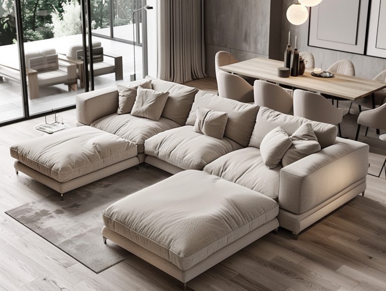 Duży narożnik z poduszkami i niskim stolikiem w jasnym salonie