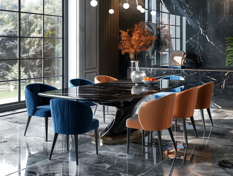 Granatowe i pomarańczowe krzesła welurowe przy stole w jadalni glamour
