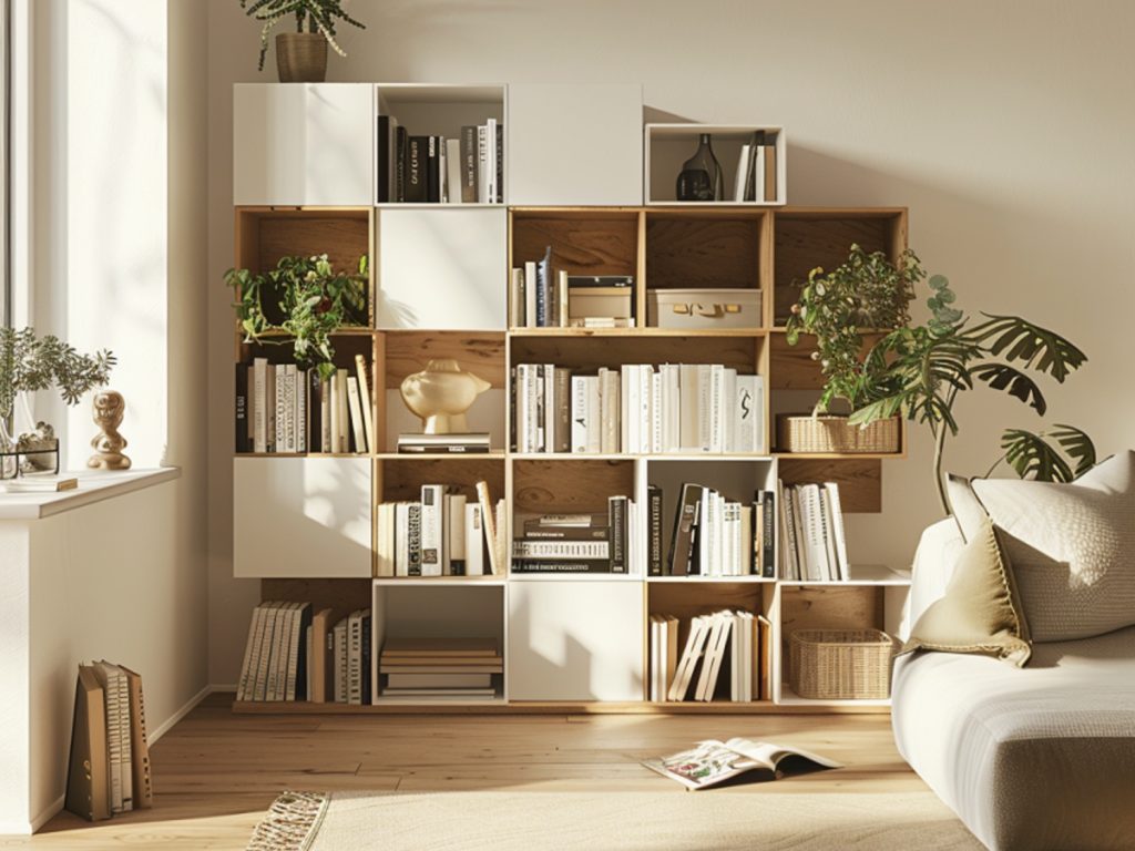 Regał z półkami i szufladami w jasnym salonie nowoczesnym