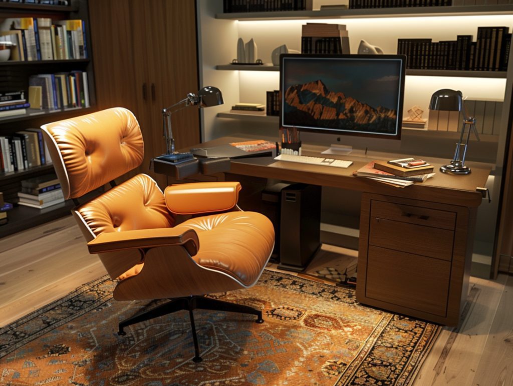 Skórzany fotel i biurko komputerowe w klasycznym domowym biurze