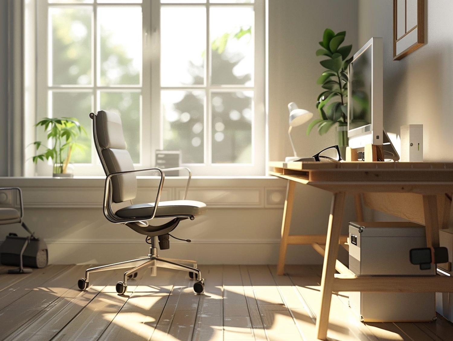 Czarne krzesło obrotowe przy biurku pod oknem w stylu skandynawskim