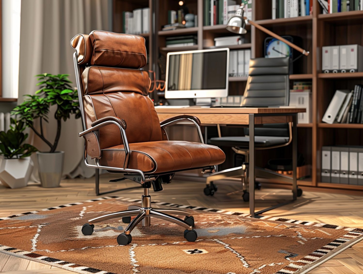 Skórzany fotel biurowy w klasycznym gabinecie z regałem