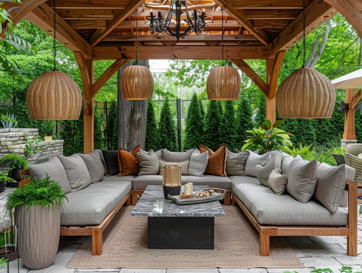 Drewniana pergola z stołem marmurowym i ławkami