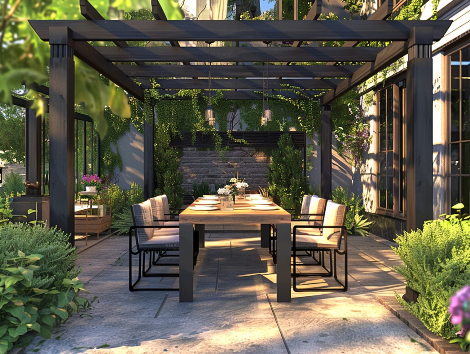 Drewniana pergola z długim stołem i krzesłami w ogrodzie