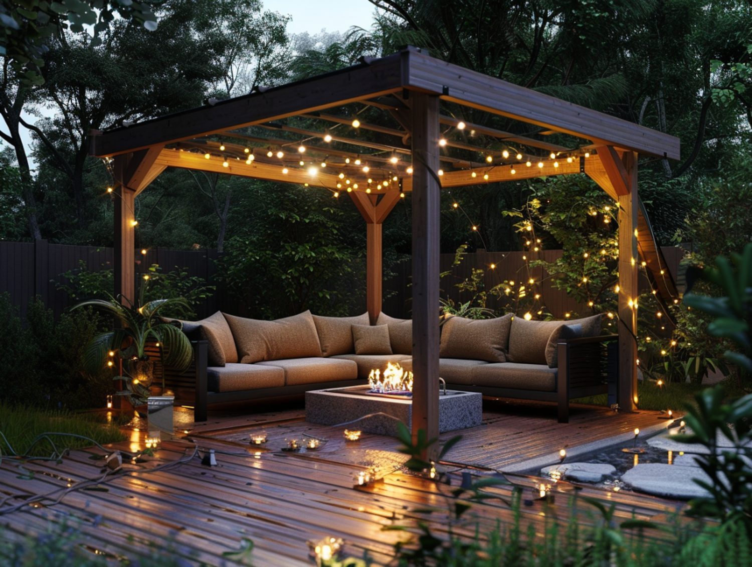 Taras z pergolą, sofami i girlandami świetlnymi w stylu boho