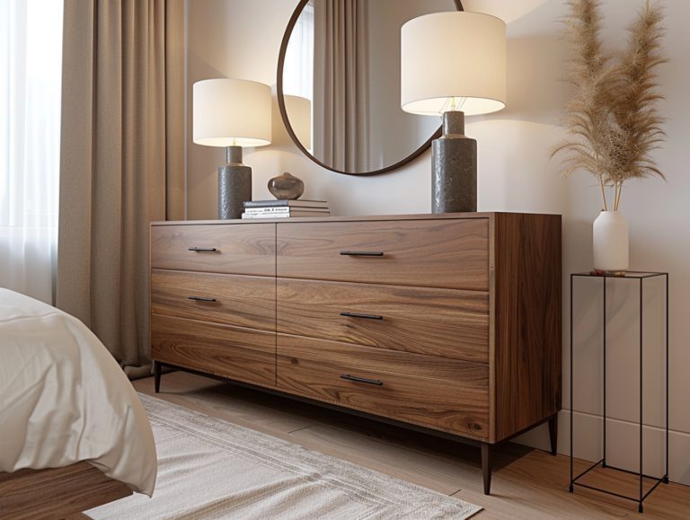 Komoda z litego drewna z lustrami i lampami w sypialni