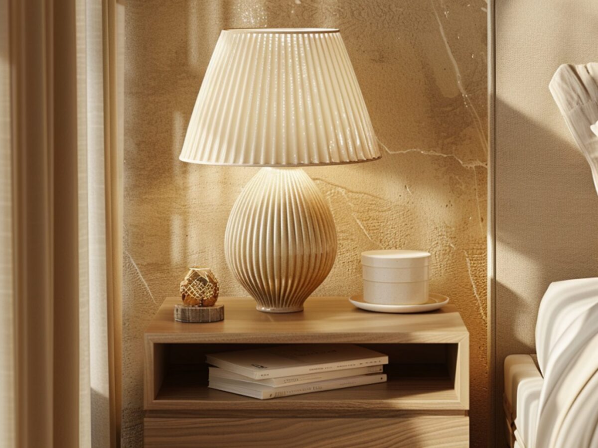 Lampka stołowa w stylu boho na stoliku nocnym z drewna