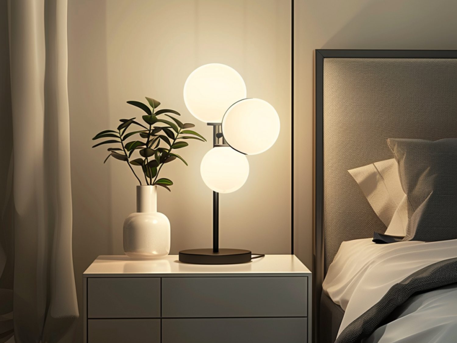 Designerska lampa stołowa i dekoracja roślinna na komodzie