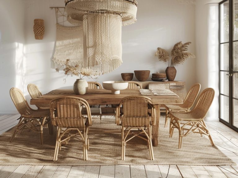 Jadalnia w stylu boho z rattanowymi krzesłami i żyrandolem