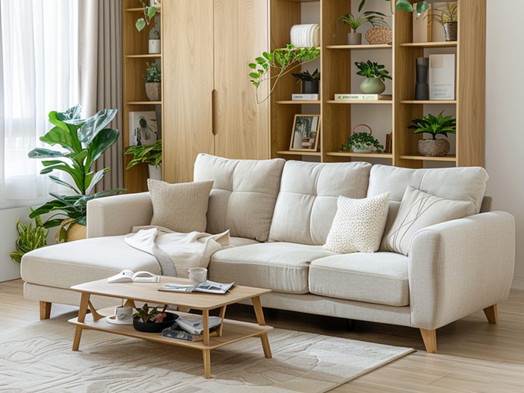 Beżowa sofa narożna w salonie skandynawskim z drewnianym stolikiem