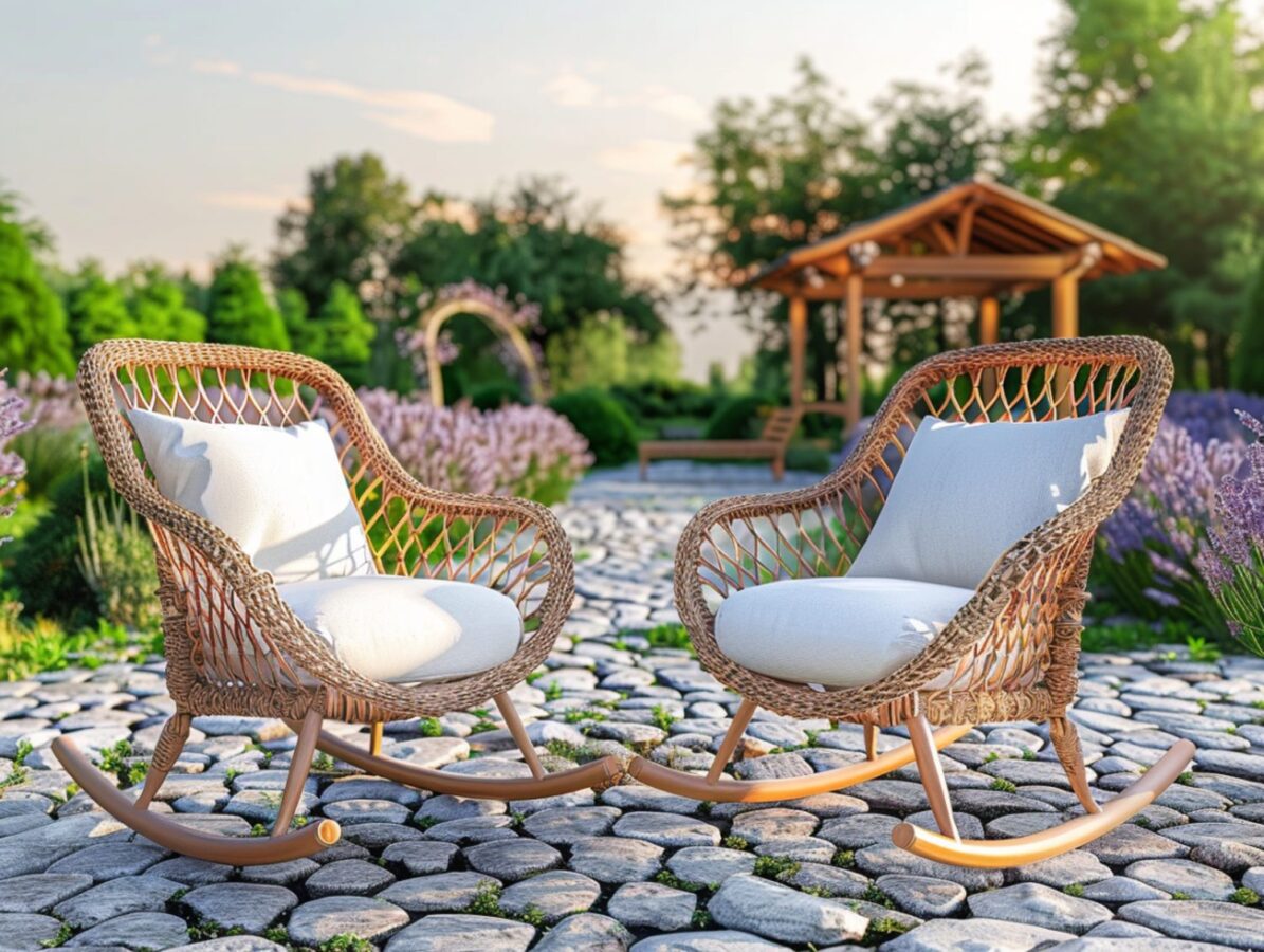 Zestaw foteli rattanowych z niebieskimi poduszkami na brukowanym tarasie