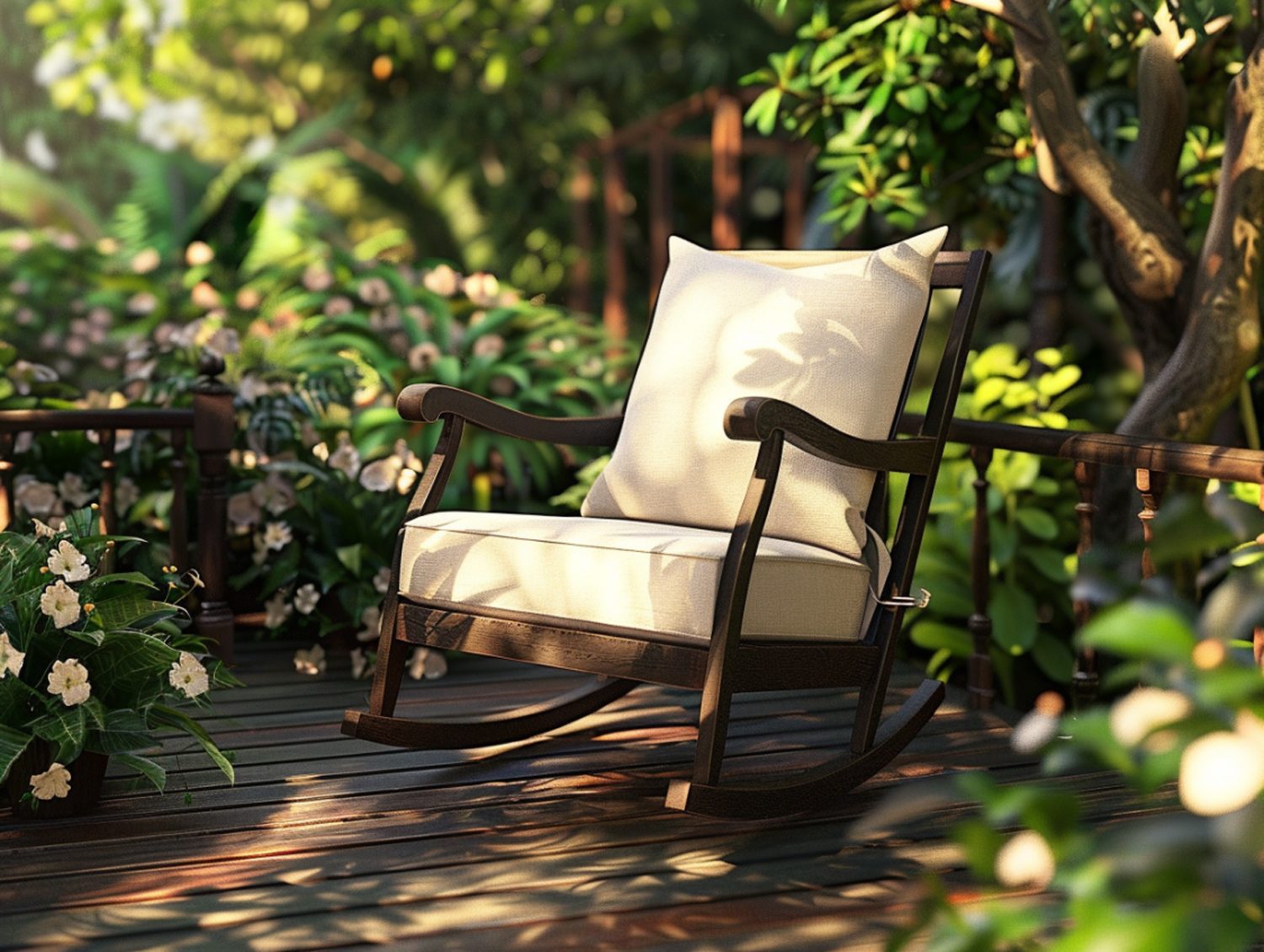 Klasyczny fotel ogrodowy z poduszką przy ścieżce w ogrodzie