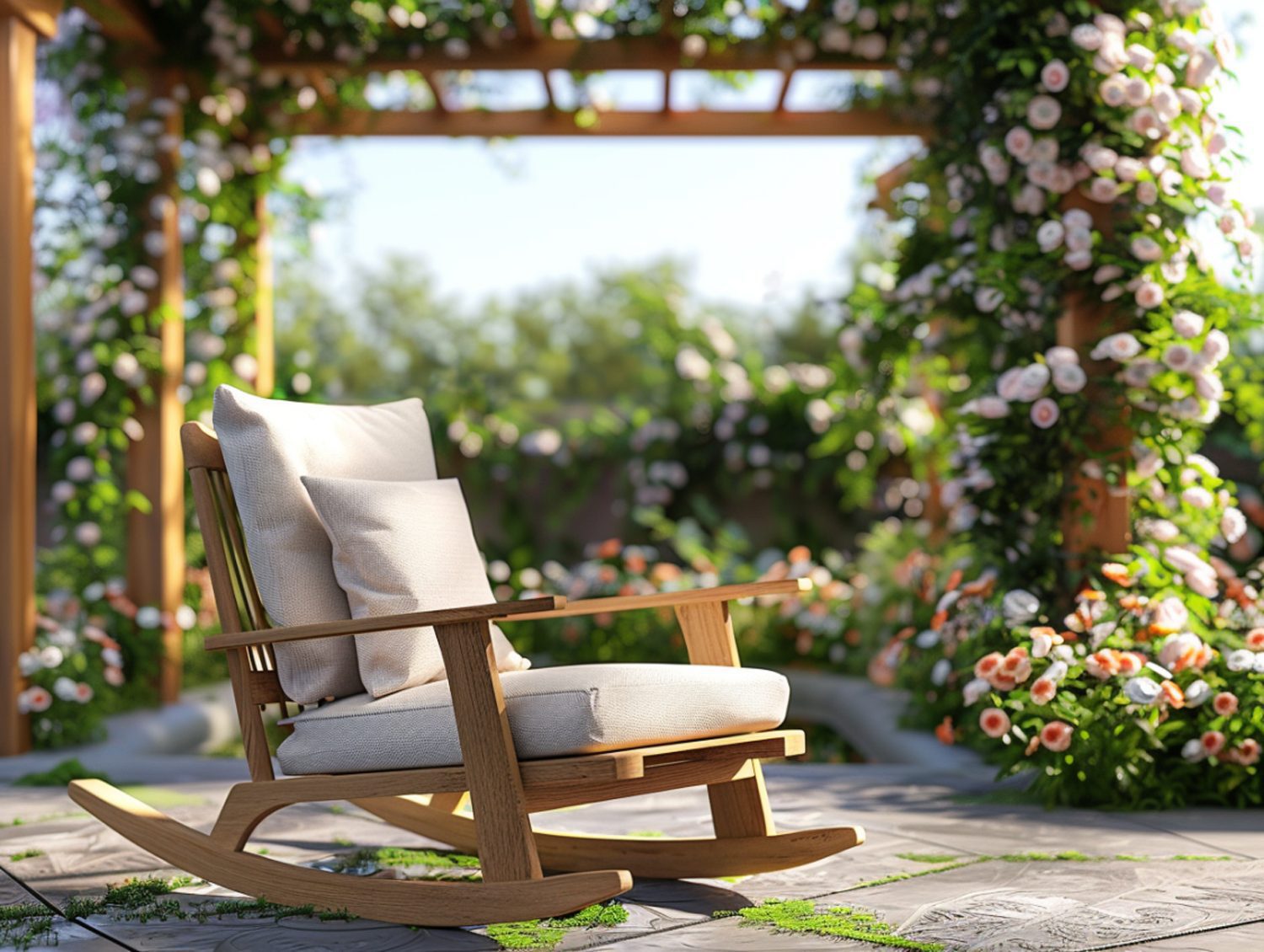 Fotel bujany na drewnianym tarasie wśród roślinności