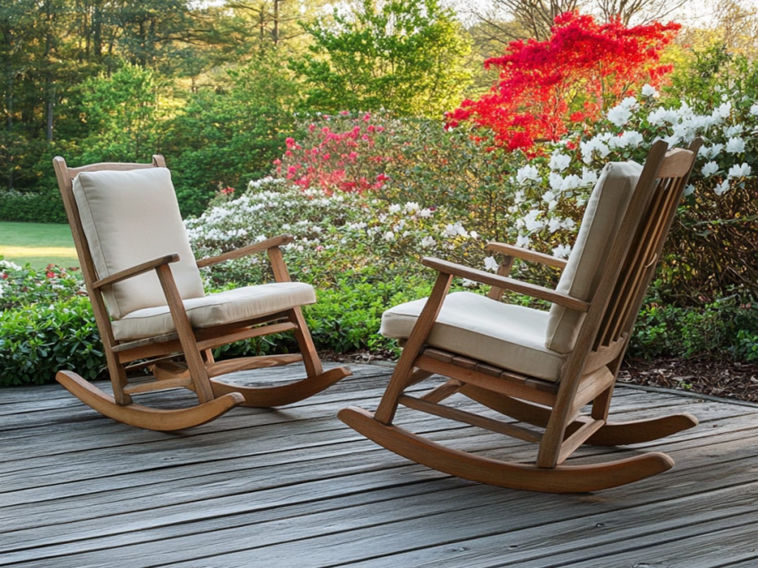 Drewniane fotele bujane na tarasie w ogrodzie japońskim