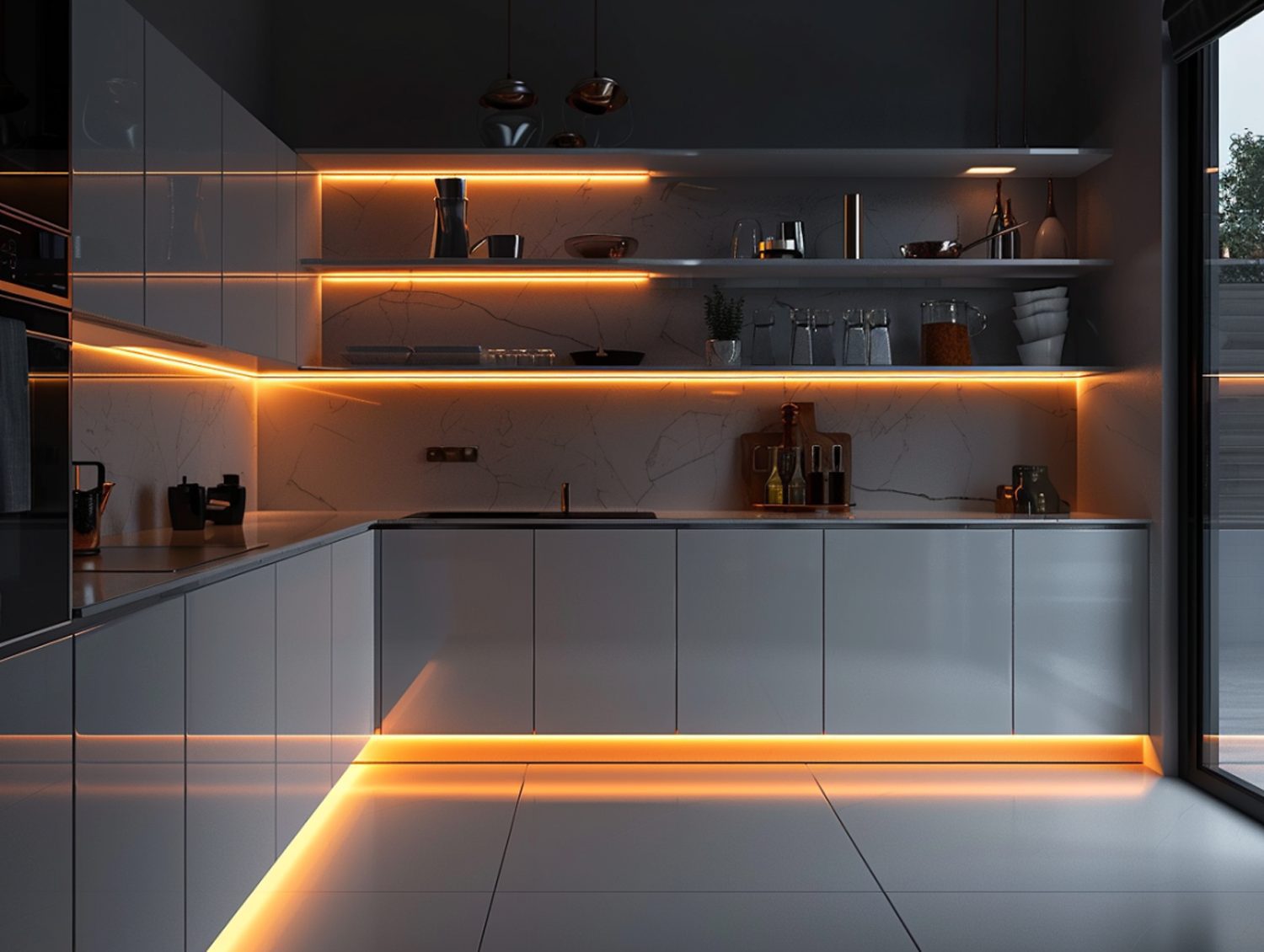 Szara zabudowa kuchenna z blatem i ledowym oświetleniem