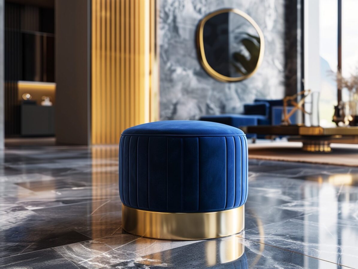 Niebieski puf welurowy na złotej podstawie w salonie glamour