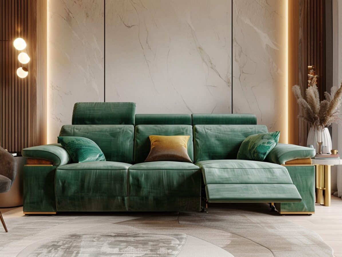 Sofa welurowa zielona w salonie glamour z poduszkami