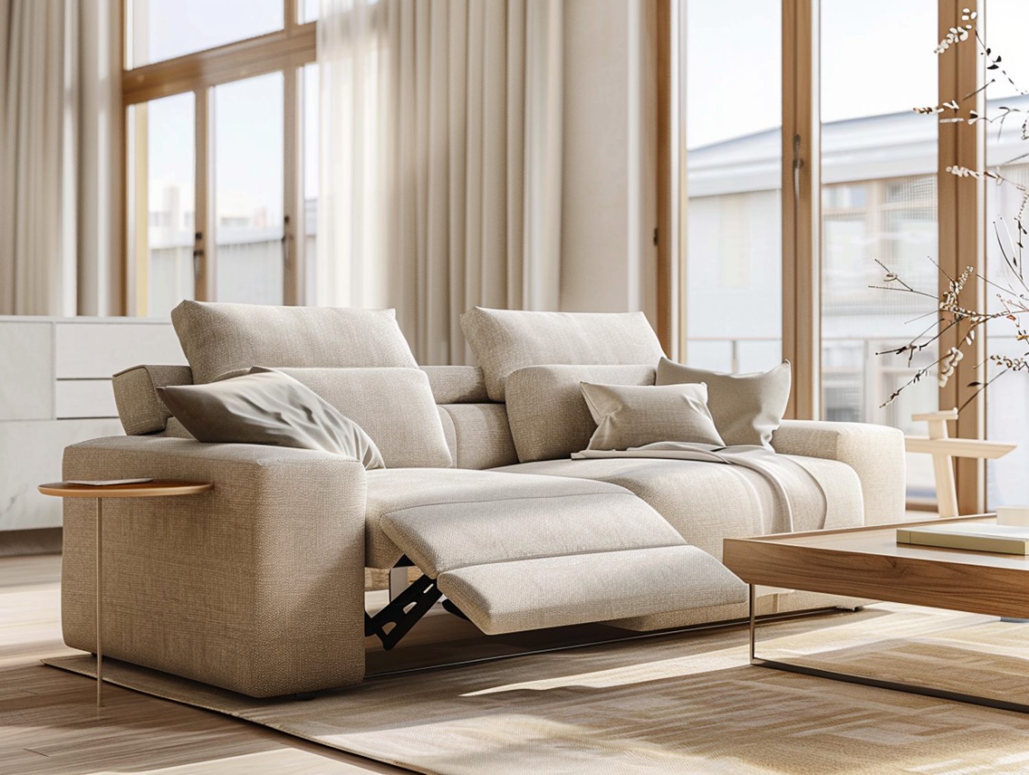 Jasna sofa narożna z funkcją relaks w salonie z dużymi oknami