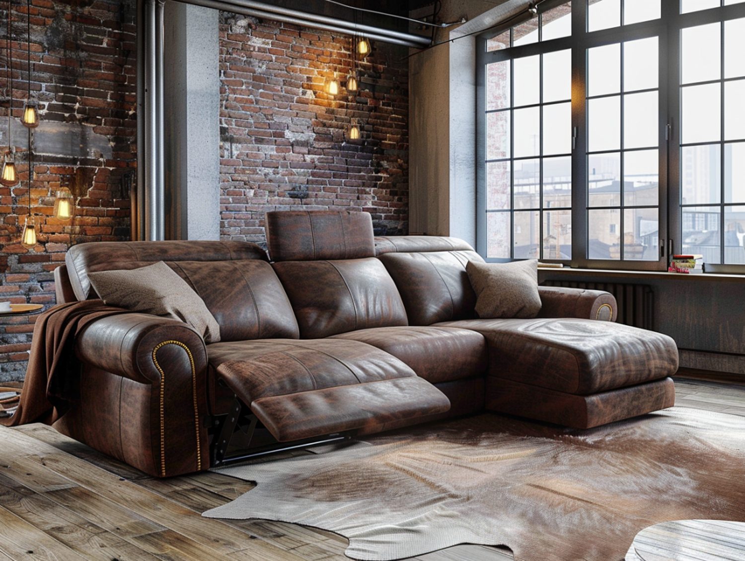 Skórzany narożnik z funkcją relaks w loftowym salonie