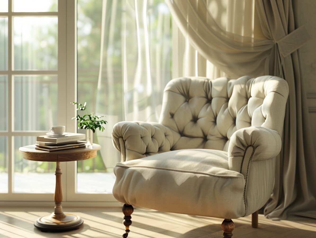 Pikowany fotel kremowy z drewnianymi nogami w stylu glamour