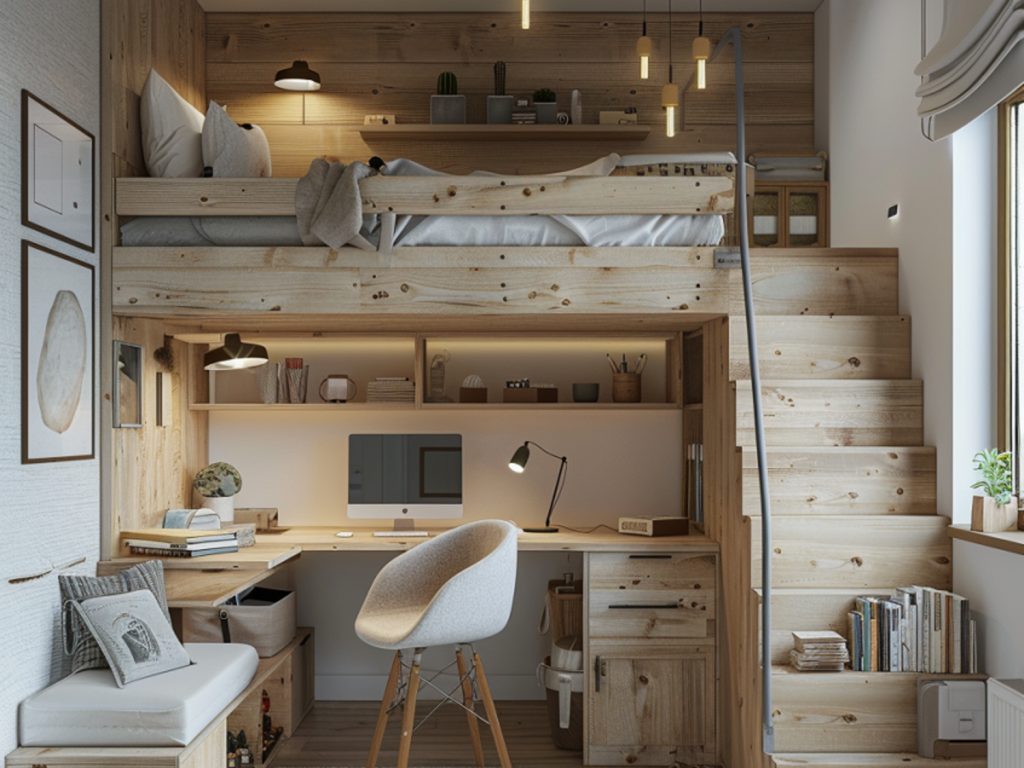 Piętrowe łóżko drewniane z biurkiem i schodkami w pokoju dziecięcym